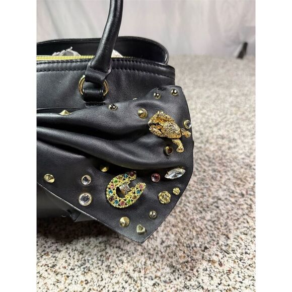Betsey Johnson Black Bow Satchel Bag with Floral Interior Medium - Picture 5 of 11